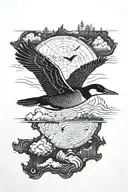 Loon flying over a map view of the huron river flowing tattoo design idea