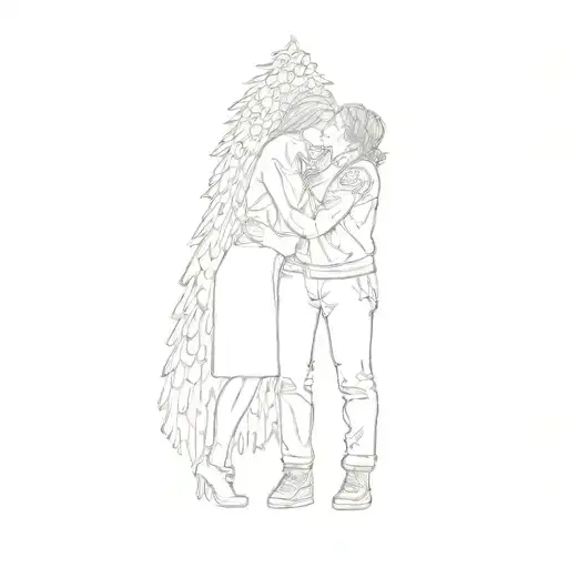a couple kissing in front of a christmas tree tattoo design idea