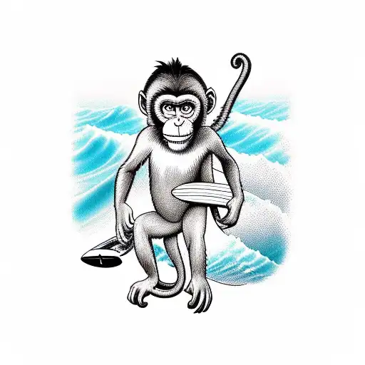monkey with cap and tow baby monkes on his back on surfboard surroundet by waves tattoo design idea