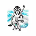 monkey with cap and tow baby monkes on his back on surfboard surroundet by waves tattoo design idea