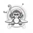 monkey with cap and tow baby monkes on his back on surfboard surroundet by waves tattoo design idea