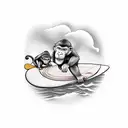 monkey with cap and tow baby monkes on his back on surfboard surroundet by waves tattoo design idea