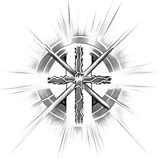 cross with fire around it and Jesus's crown of thorns at the top of the cross tattoo design idea