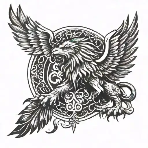 polish eagle and a lion head jin and jang symbol transformed tattoo design idea