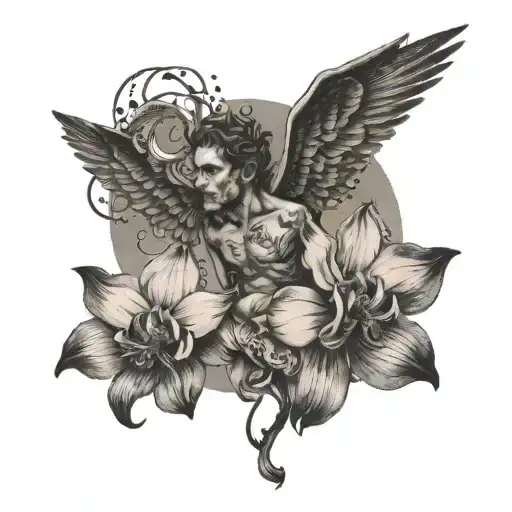icarus falling from sky filled with orchid, 1 snake, and a quote  tattoo design idea
