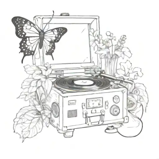 record player, butterfly, mushroom, flower bouquet tattoo design idea