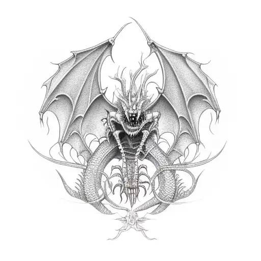 A skeletal dragon intertwined with plants tattoo design idea