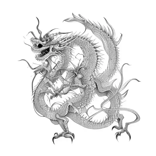 A skeletal dragon intertwined with vibrant plant vines, creating an otherworldly creature tattoo design idea