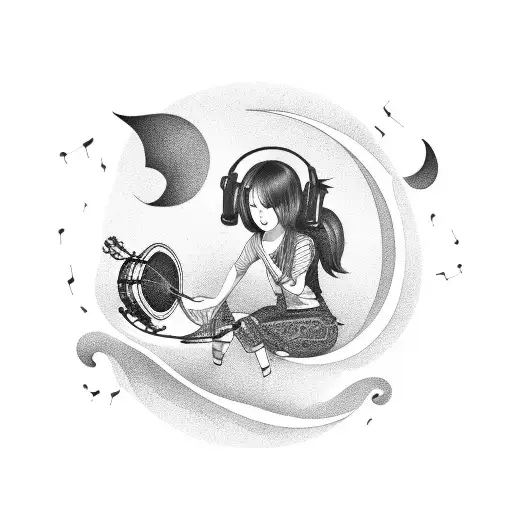 A student sitting on a crescent moon, surrounded by musical instruments tattoo design idea