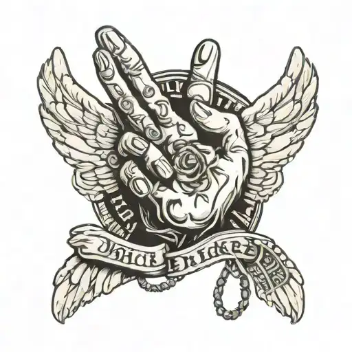 praying hands with necklace incorporated with Harley Davison. At the bottom of the hand also have rose and text tattoo design idea