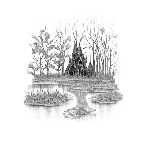 An intricate blackwork tattoo of a Louisiana swamp scene with magical elements from Harry Potter incorporated into the foliage tattoo design idea