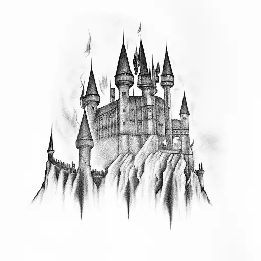 A black-grey tattoo of the Hogwarts castle rising from the depths of a swamp, with fire marshal symbols subtly integrated into the landscape tattoo design idea