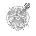 A blackwork tattoo featuring a mystical potion bottle nestled among the eerie cypress trees of a Louisiana swamp, with Harry Potter-inspired symbols swirling around it tattoo design idea