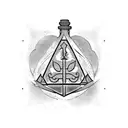 A blackwork tattoo featuring a mystical potion bottle nestled among the eerie cypress trees of a Louisiana swamp, with Harry Potter-inspired symbols swirling around it tattoo design idea