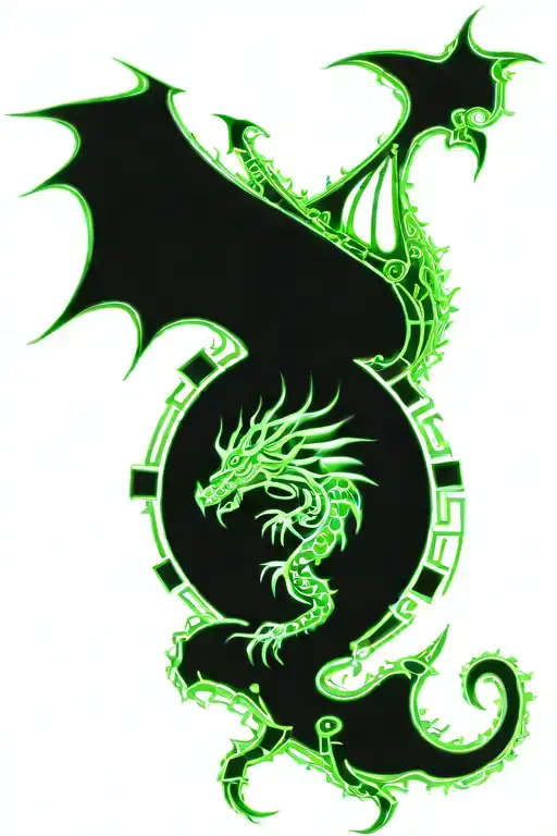 Green dragon, with rays, with 4 legs tattoo design idea