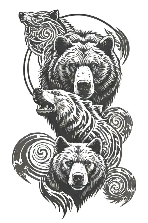 A black and grey tattoo of a grizzly bear and wolf in a yin and yang design with native american motifs tattoo design idea