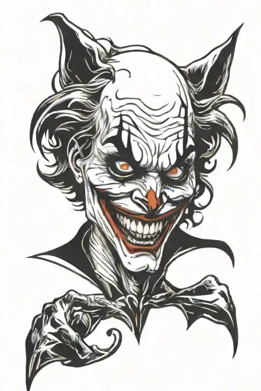 A twisted and dark Joker face with a wolf silhouette hidden in the background tattoo design idea
