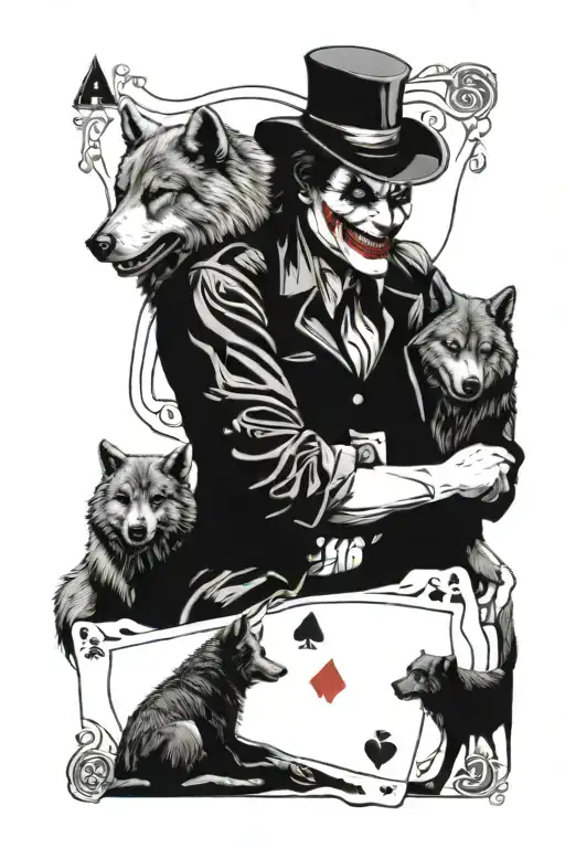 A Joker playing card surrounded by a pack of wolves and a grizzly bear, all in a black-grey color scheme tattoo design idea
