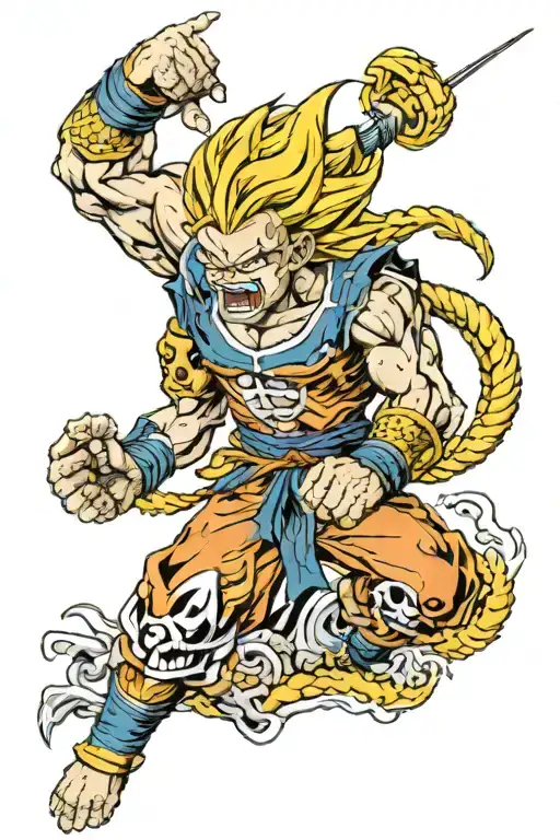 skull super saiyan goku vs toothbrush monster riding an armored bear tattoo design idea