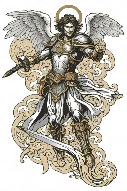  Angel Man. In diving flight with sword in hand.  The majestic figure is depicted in armor tattoo design idea