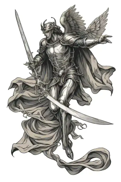  Angel Man. In diving flight with sword in hand.  The majestic figure is depicted in armor tattoo design idea