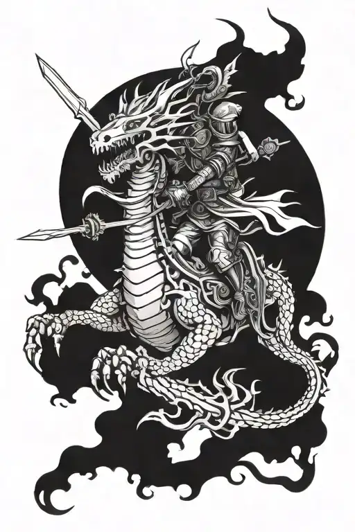 A fantasy warrior riding a mechanical dragon, armed with a gun and a sword forged from alien technology tattoo design idea