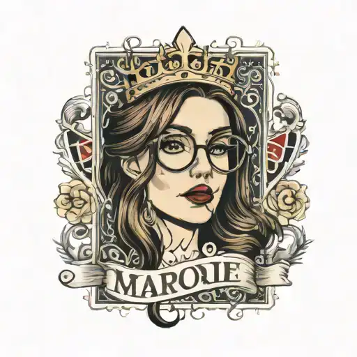 girl, glasses, long straight brown hair, mouth open, crown, big nose, profile, ace of spades card, text:Marjorie tattoo design idea
