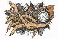 skeleton hand fading into a clicker from the last of us with firefly symbol, joels broken watch, ellies knife, moth,  tattoo design idea