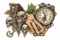 skeleton hand fading into a clicker from the last of us with firefly symbol, joels broken watch, ellies knife, moth,  tattoo design idea