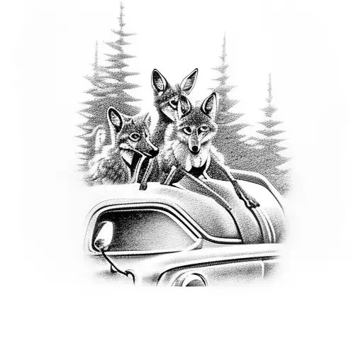 3 coyotes riding in an old pickup truck down a dirt road, drinking beer tattoo design idea