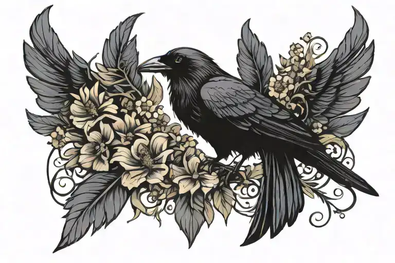raven with vervain and fluer de lis tattoo design idea