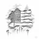 tattered american flag with pine trees and wilderness on it tattoo design idea