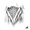 tattered american flag with pine trees and wilderness on it tattoo design idea