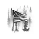 tattered american flag with pine trees and wilderness on it tattoo design idea