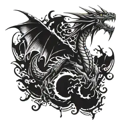 tattoo a thin dragon rising trash polka style, gothic style, one head, slimmer, crowling up, bigger wings tattoo design idea