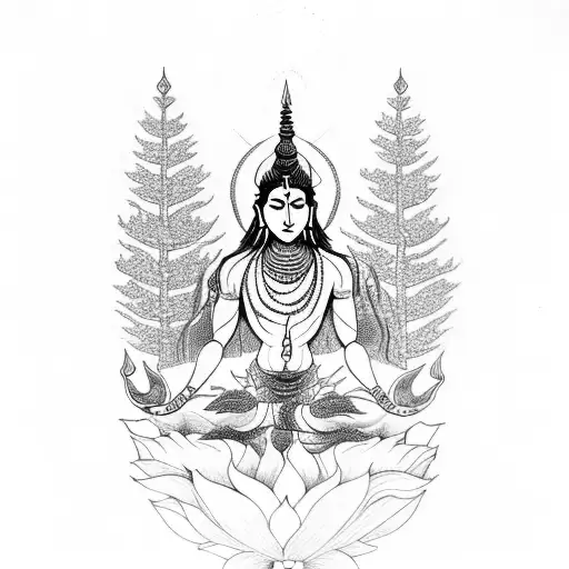 A detailed blackwork tattoo of Lord Shiv meditating in a serene forest tattoo design idea