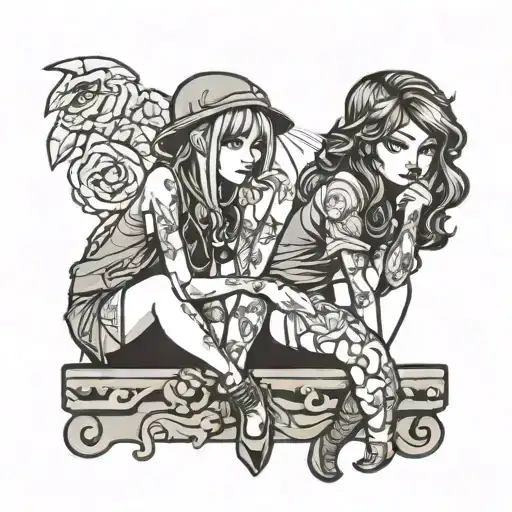cute girl and hot girl sitting on wall tattoo design idea