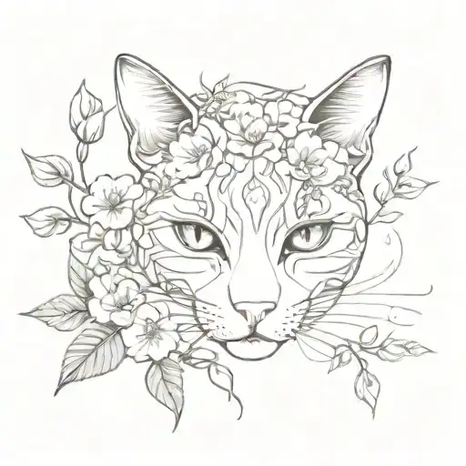 cat without eyes with an eye on the forehead and flowers and vines tattoo design idea
