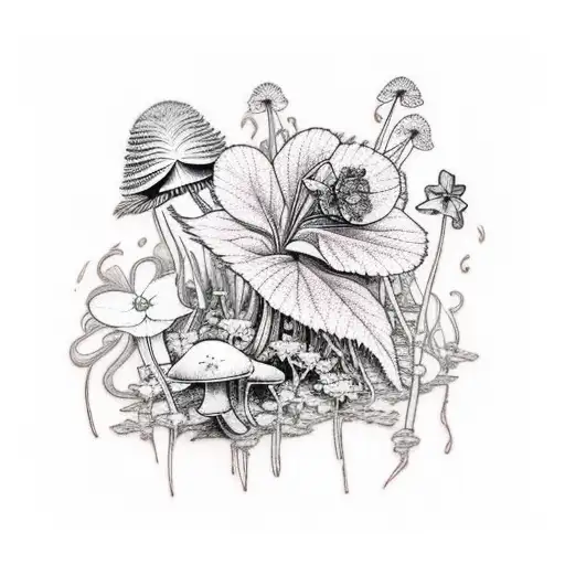 ferns, mushrooms, wood violet, columbine, geranium tattoo design idea
