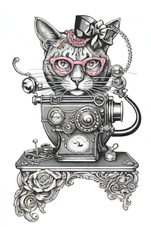 Pink jeweled heart in center surrounded by grey scale: cat eye glasses with diamonds, singer sewing machine, rotary phon tattoo design idea
