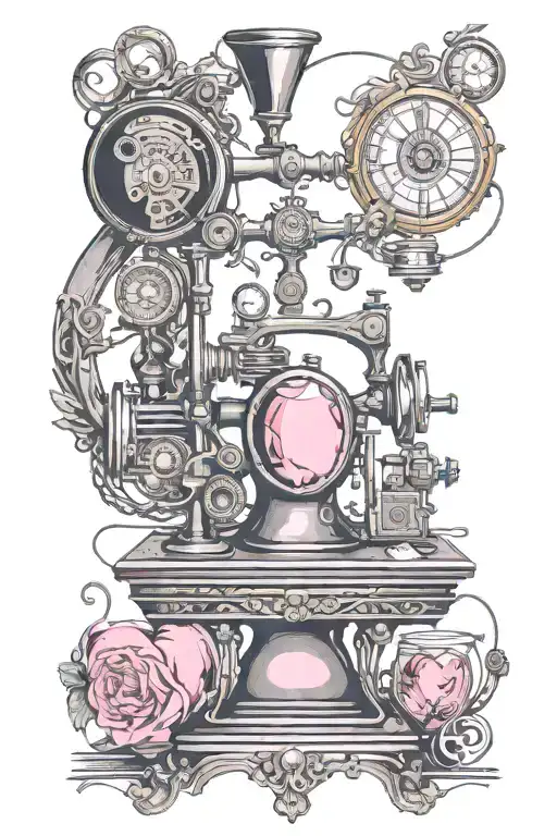 Pink jeweled heart in center surrounded by vintage glasses with diamonds, singer sewing machine, rotary phon tattoo design idea