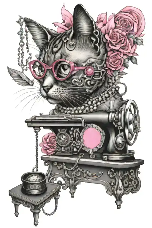 Pink jeweled heart in center surrounded by grey scale: cat eye glasses with diamonds, singer sewing machine, rotary phon tattoo design idea