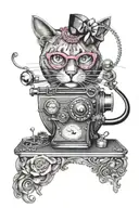 Pink jeweled heart in center surrounded by grey scale: cat eye glasses with diamonds, singer sewing machine, rotary phon tattoo design idea