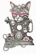 Pink jeweled heart in center surrounded by grey scale: cat eye glasses with diamonds, singer sewing machine, rotary phon tattoo design idea