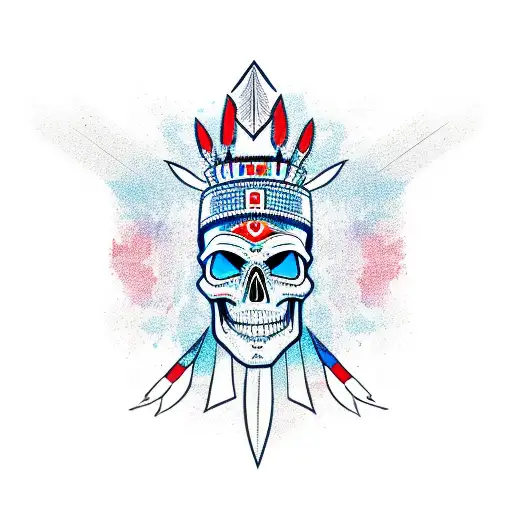 Skull with Indian headdress in a maximum of three colors, blue, red and white, very simple headdress, simple lines to fa tattoo design idea