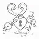 Heart with a lock on it. Three keys that match the lock. One says Kairo, one says Mom, and one says Danny tattoo design idea