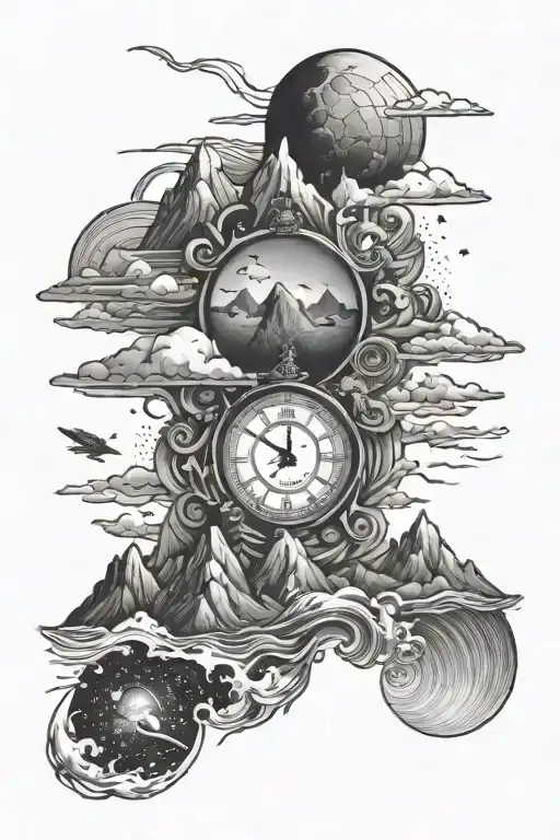 ocean, mountains, time travel, space themed tattoo tattoo design idea