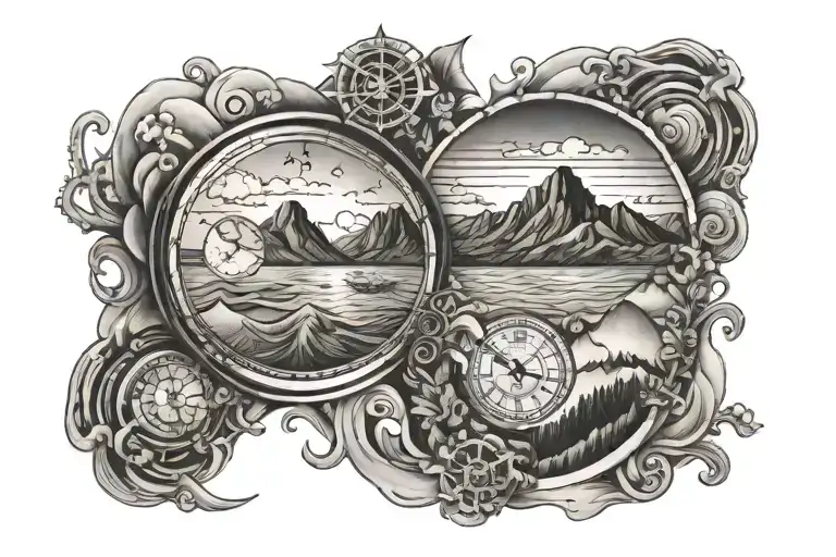 ocean, mountains, time travel tattoo tattoo design idea