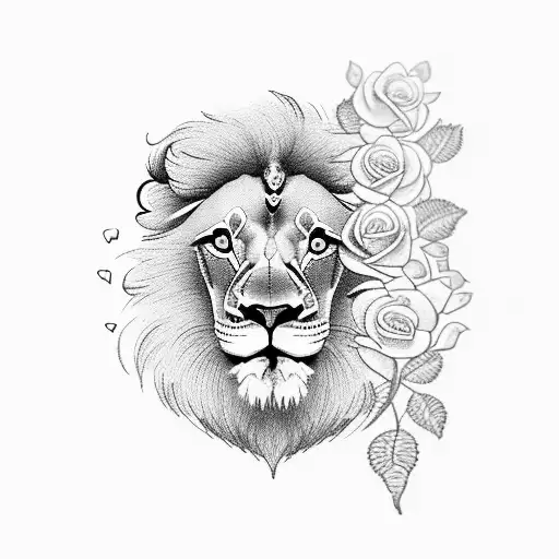 Lion with roses and clouds tattoo design idea