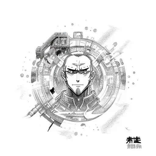 A stoic quote or symbol integrated with anime characters from Fire Force, in a sketch style tattoo design idea